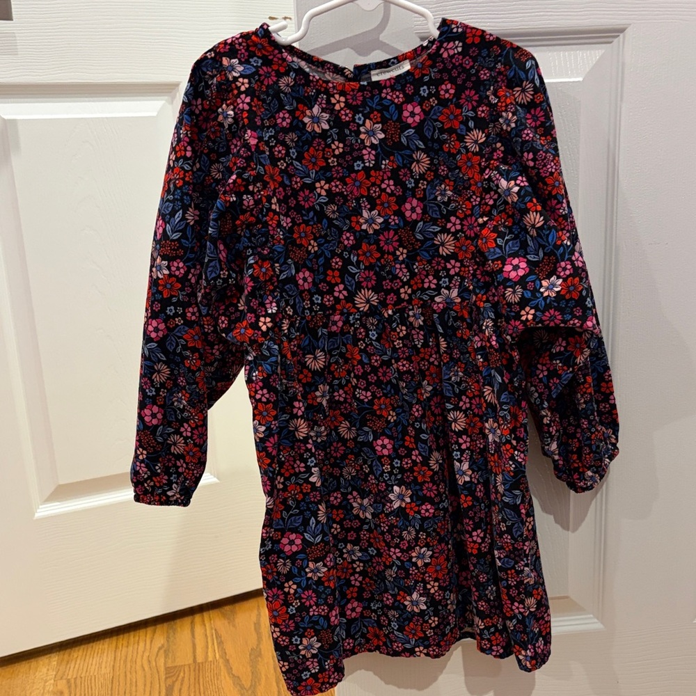 Crewcuts Navy Floral Long Sleeve Dress with Pink & Red Blooms